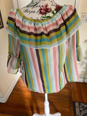 Striped Off-Shoulder Ruffle Top in Pink, Yellow, Blue
